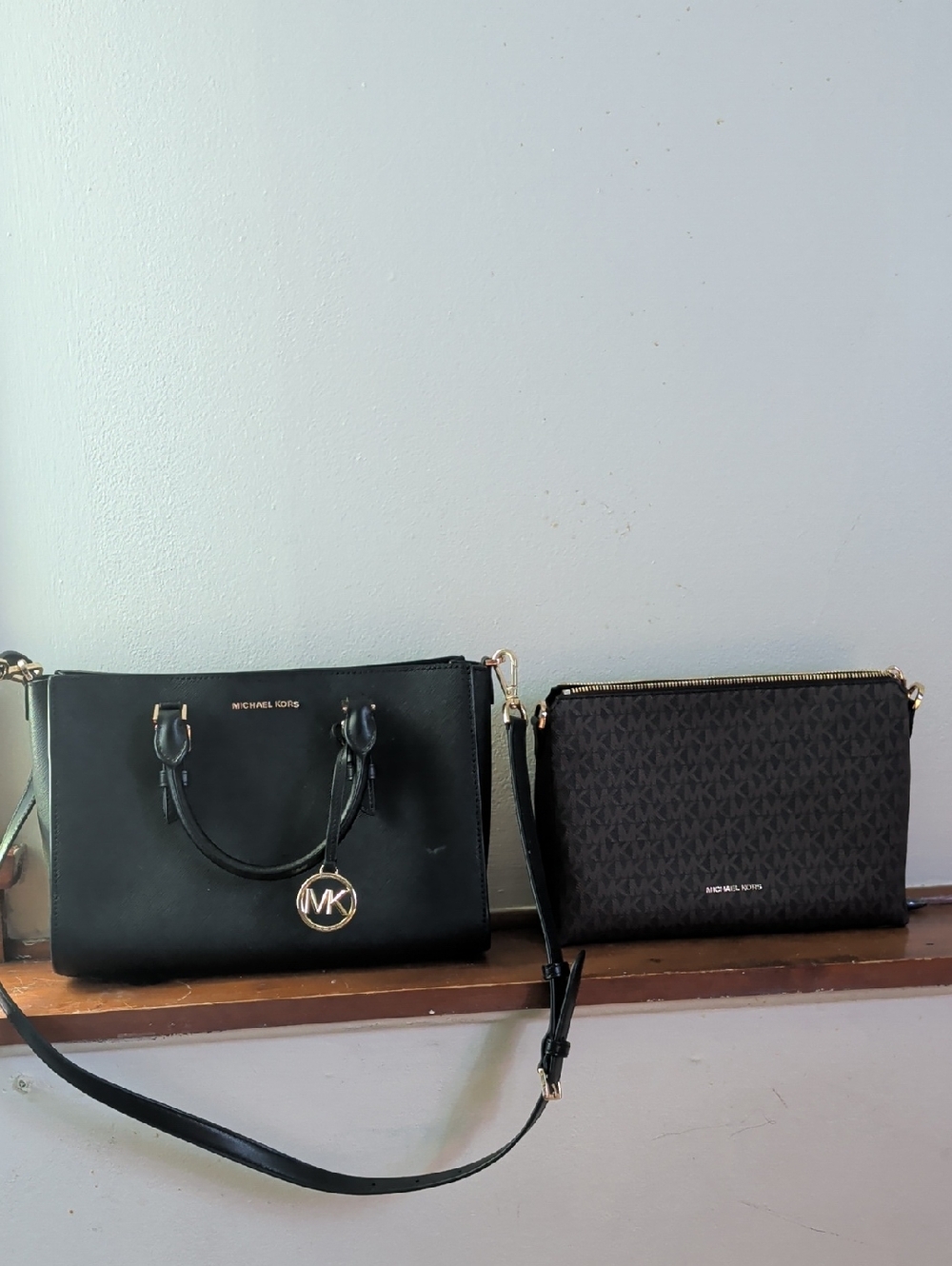 Michael Kors Black Leather Satchel with Monogram Crossbody Pouch